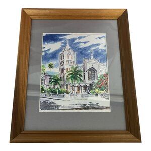 George K. Salhofer Signed Print – Cathedral with Palm Trees – Framed